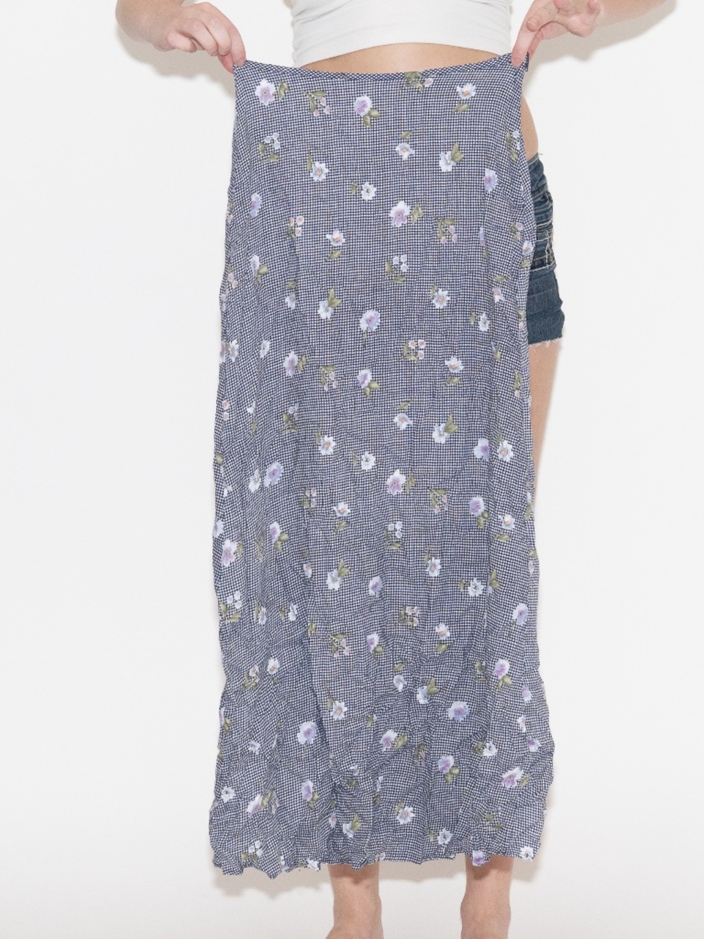 Vintage 90s flower print midi skirt navy blue gingham size 7 anchor blue